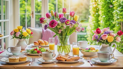 Beautifully set Mother's Day brunch table with fresh flowers, elegant tableware and delicious food , Mother's Day