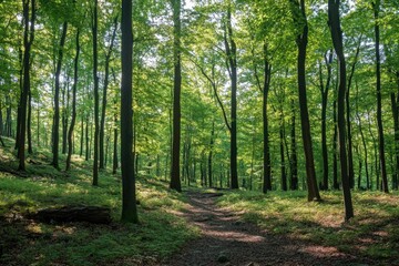 Fototapeta premium A winding path through a dense forest. Perfect for showcasing the tranquility and beauty of nature.