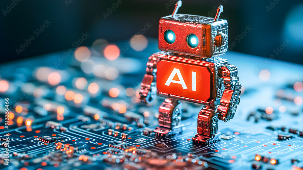 Poster advanced intelligence robot with glowing red eye on a high tech circuit board representing the conce