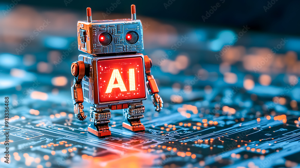 Poster futuristic ai powered robotic technology displayed on an electronic circuit board symbolizing advanc
