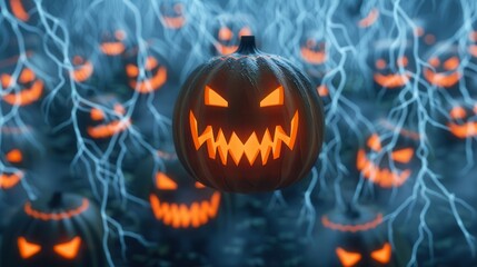 Fototapeta premium A spooky Halloween scene featuring a menacing pumpkin surrounded by glowing jack-o'-lanterns and ominous lightning effects.