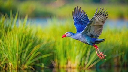 Grey-headed swamphen flying over lush green wetlands, nature, wildlife, bird, swamphen, flying, wetlands, wings, feathers