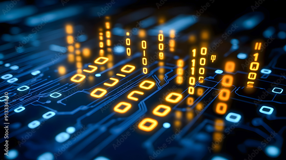 Poster glowing binary digits and intricate circuit patterns create a captivating futuristic digital landsca