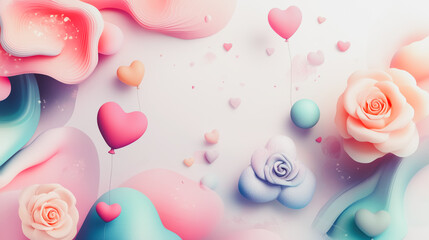 Fototapeta premium Abstract white background with pastel colorful 3D abstract background overlap layer on dark space with rose, balloon and heart decoration. Modern graphic design element motion styl