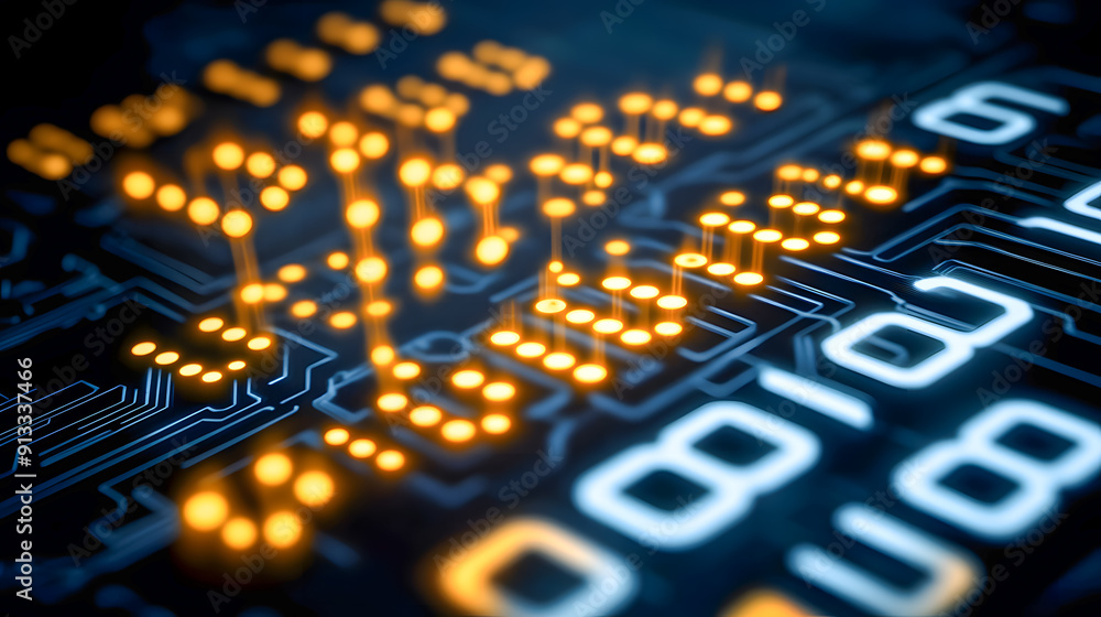 Poster closeup view of a glowing intricate electronic circuit board with an array of microchips connectors 