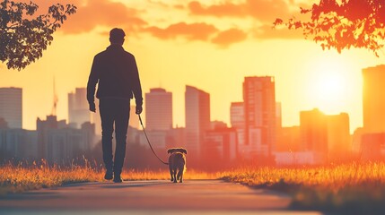 Man walking his dog before heading to work, Commute to work, balanced lifestyle