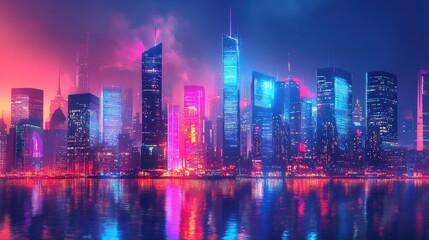 Fototapeta premium Futuristic cityscape with sleek buildings in vibrant abstract digital art, dynamic urban HD wallpaper