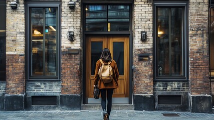 Professional woman entering a vintage office building, Commute to work, historic charm