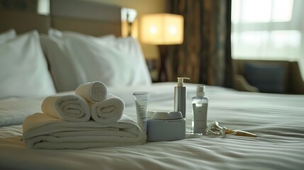 A hotel room with white sheets, white towels, and a few toiletries, including lotion, a bottle of soap, and a hairbrush.