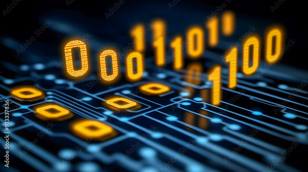 Poster futuristic digital circuit board with binary code data connectivity and high tech inspired design sh