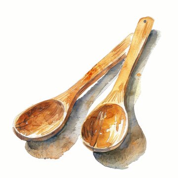 recommend clip art: Elegant Watercolor Illustration of Wooden Salad Tongs Clipart on White Background for Kitchen Decor