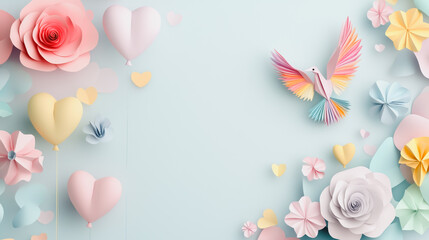 Abstract white background with pastel colorful 3D abstract background overlap layer on dark space with origami paper bird, rose, balloon and heart decoration. Modern graphic design element motion styl