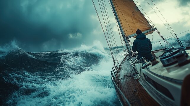 Intense Image of Sailor Navigating Rough Seas in Stormy Weather, Steering Sailboat Through High Waves