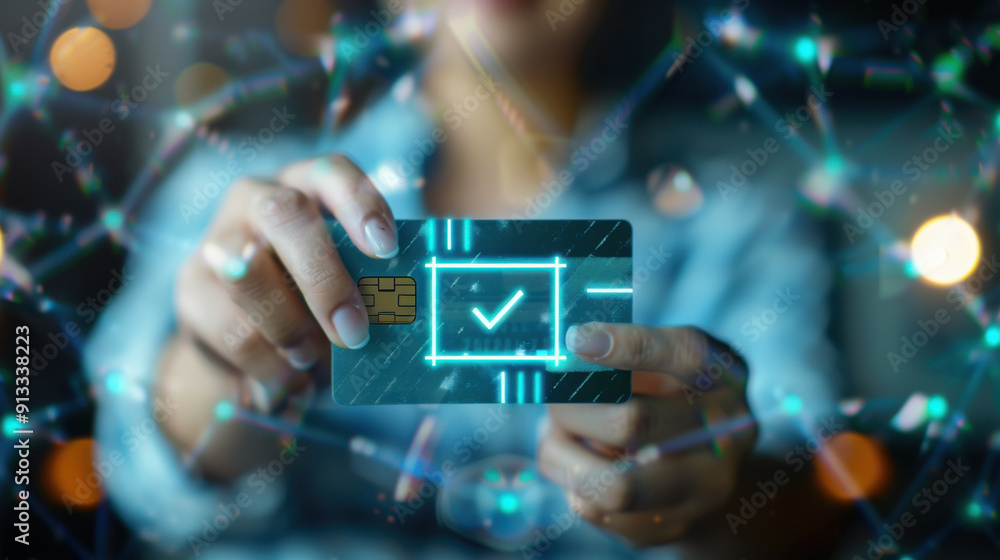 Poster secure online payment transaction: person using a credit card through a digital interface, verificat