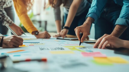 Business team brainstorming ideas on a whiteboard, Business plan, collaborative planning