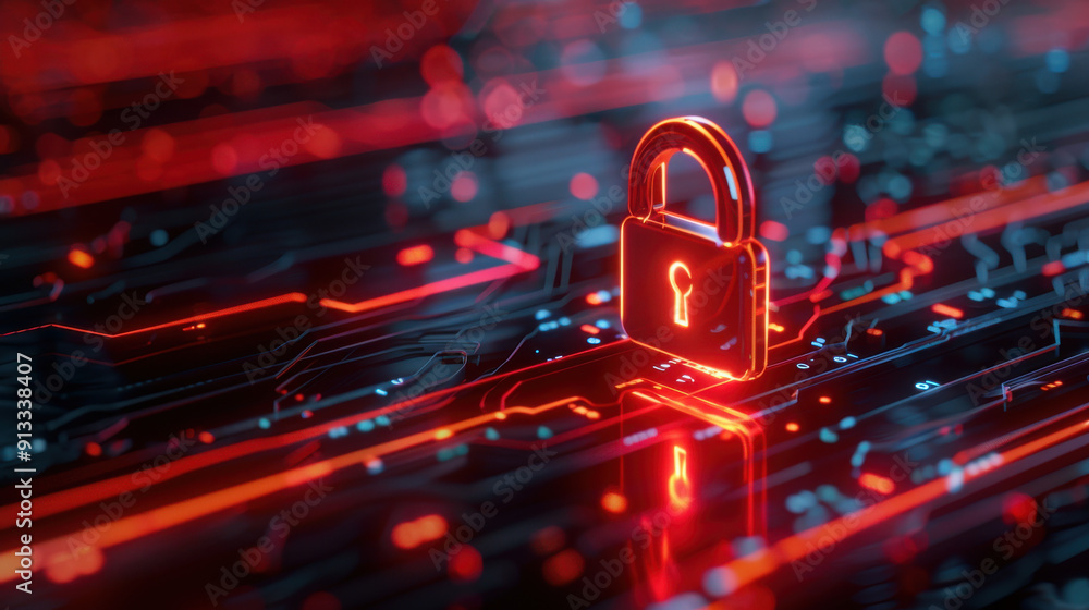 Poster security breach alert with a red padlock icon indicating a successful hack and compromised system.
