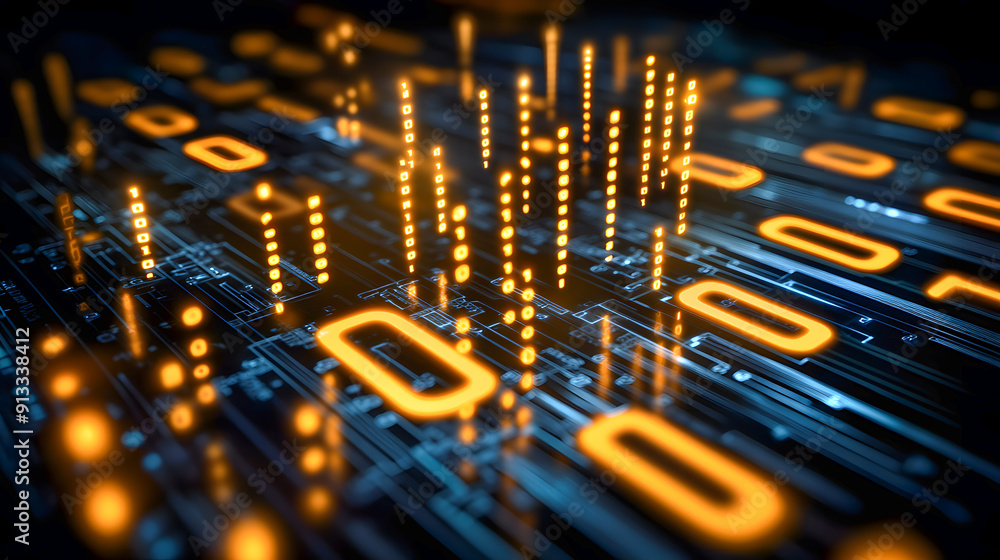 Poster illuminated digital circuit board with intricate glowing neon patterns representing the complex and 