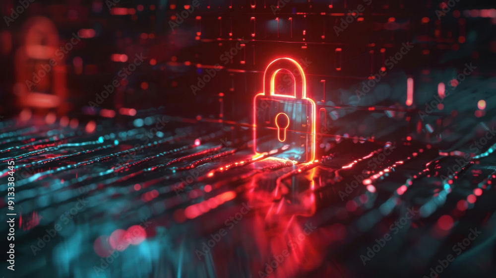 Poster security breach alert with a red padlock icon indicating a successful hack and compromised system.