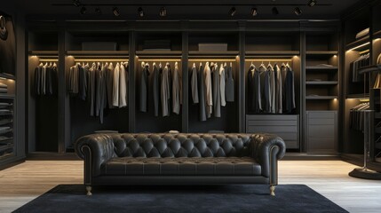 Luxury Walk-In Closet with a Black Leather Sofa
