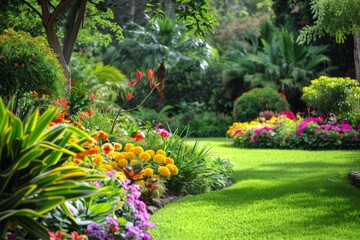 A tranquil garden scene with colorful flowers and lush green foliage, a haven of peace and serenity