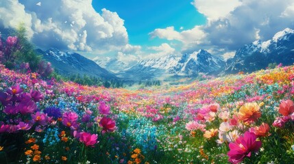 Fototapeta premium Colorful flower field, spring fantasy landscape, anime style, digital painting, 3D illustration