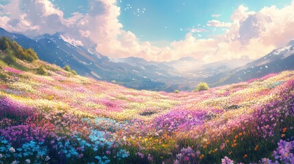 Obraz premium Fantasy flower field in spring, anime colors, beautiful landscape, digital painting, 3D illustration