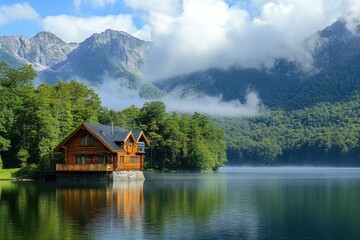 Fototapeta premium Wooden cabin on a lake surrounded by trees and mountains. Perfect for travel, nature, and relaxation-themed projects.