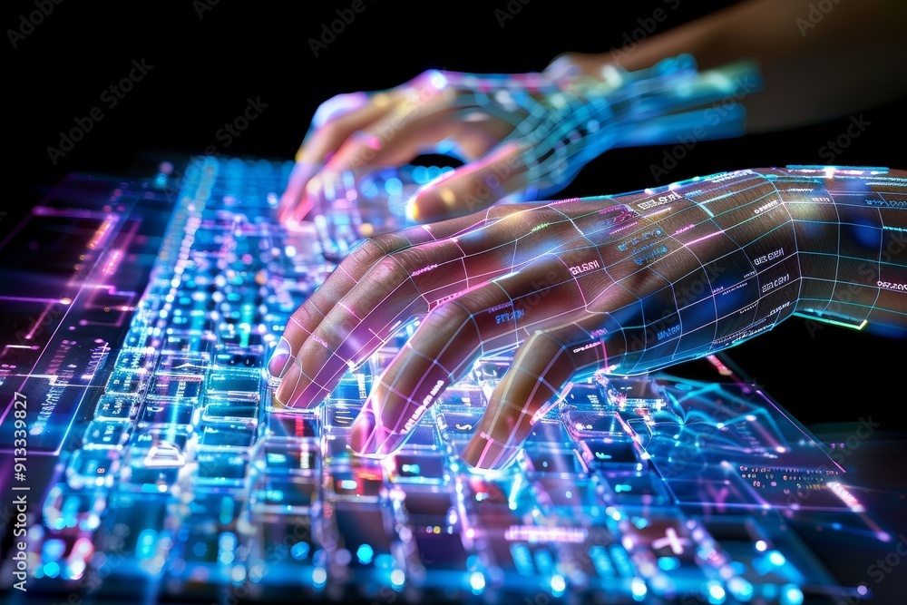 Poster hands typing on a futuristic transparent keyboard, highlighting advancements in input technology