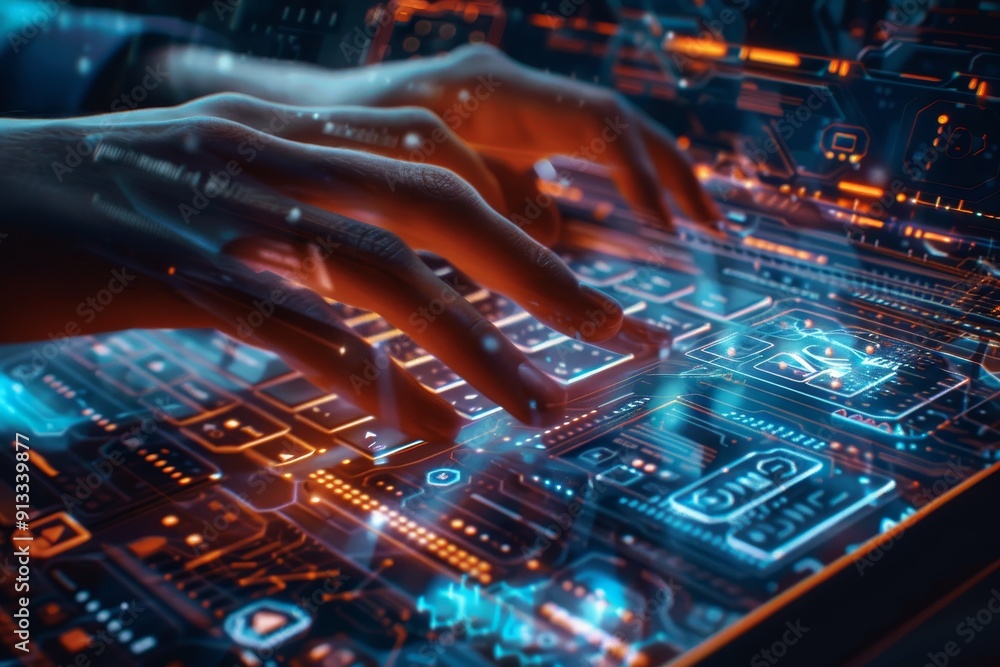 Poster hands typing on a futuristic transparent keyboard, highlighting advancements in input technology