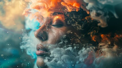 Close-up of a woman's face surrounded by swirling smoke, with a serene expression and vibrant lighting effects..
