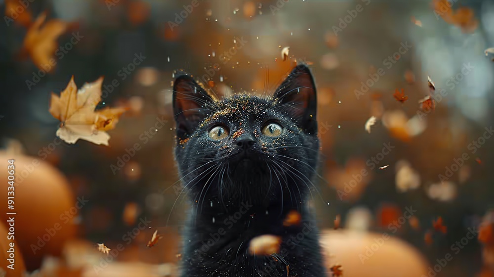 Poster black cat in autumn leaves