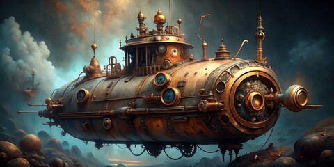 Fototapeta premium Steampunk submarine with intricate brass and copper details, equipped with steam-powered engines, submarine