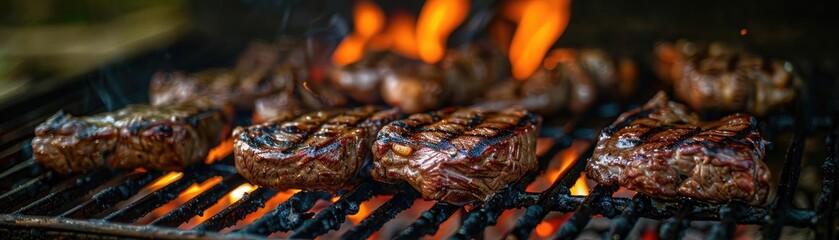 Sizzling steaks grilling over an open flame, showcasing the rich texture and enticing aroma of perfectly cooked meat.