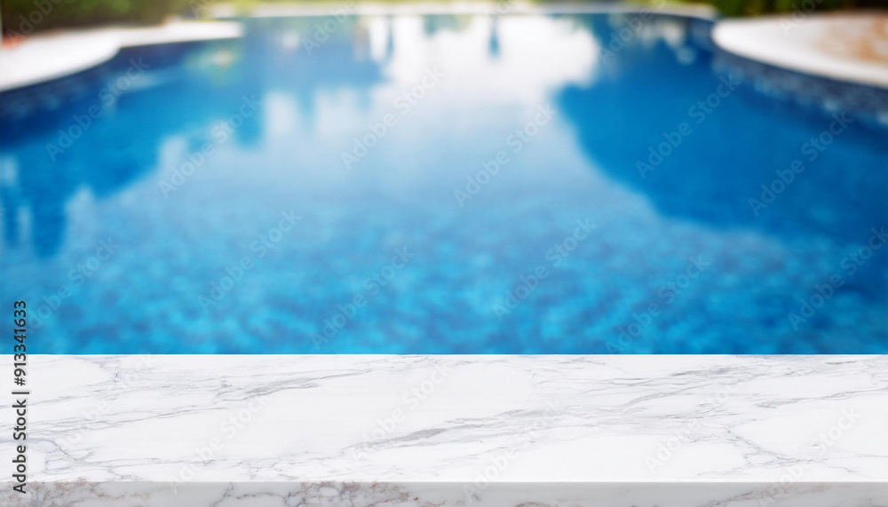 Poster white marble top with blurred empty swimming pool background can be used for mocking up or display p