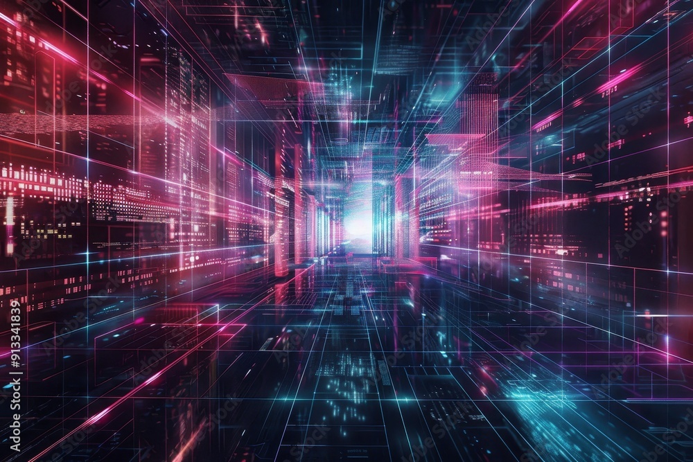 Poster a futuristic grid background with digital elements and futuristic motifs, perfect for tech and sci-f