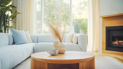 Cozy and Inviting Living Room with Fireplace and Serene Natural Scenery Through Bright Window  Peaceful and Relaxing Minimalist Interior Design with Comfortable Furnishings and Calming Ambiance