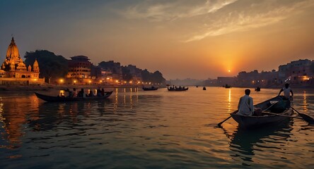 Landscape image depicting a serene evening scene along a riverbank, likely in Varanasi, India  