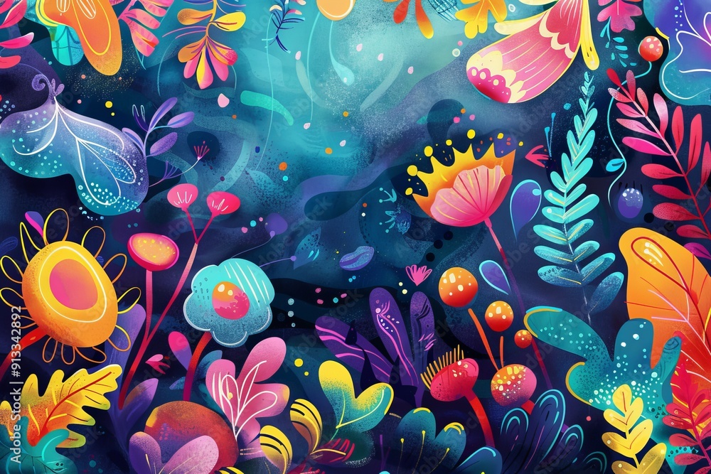 Poster a whimsical background with playful illustrations and vibrant colors, adding a touch of joy to desig