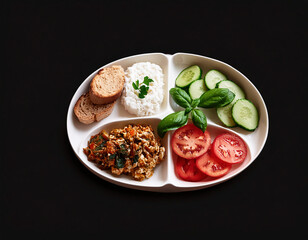 Healthy  lunch set consists of homemade goat cheese, fresh cucumber, rice, vegetables and meat on a black background