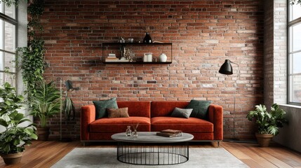 Modern Living Room with Red Sofa and Brick Wall