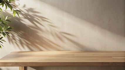 Empty modern wooden table top on beige wall with tree leaves shadow background, wood, modern, table, top, beige, wall, texture