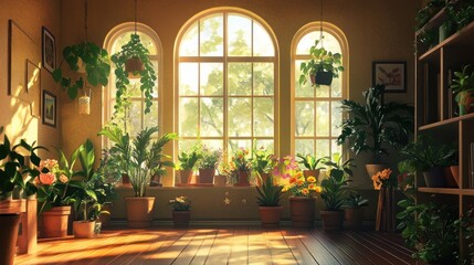 Sunlight Streaming Through a Window Filled with Plants