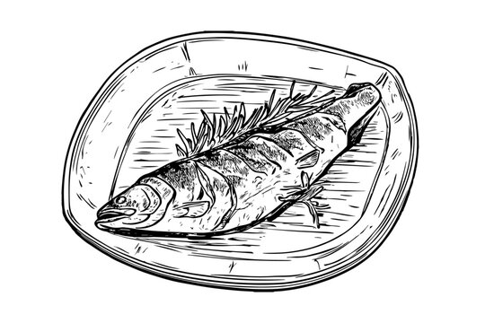 fish on plate, black and white sketch clip art preview