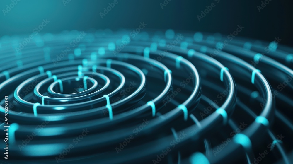 Poster abstract circular pattern with glowing blue lines creating a mesmerizing depth effect on a dark back
