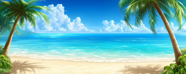 Obraz premium Summer beach sunset with palm trees holiday concept