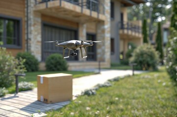 A drone delivering a package to a modern house, capturing the advanced technology of autonomous delivery in a residential setting..