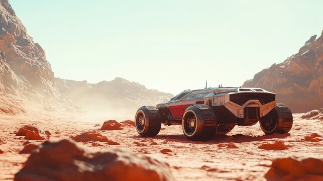 Red Planet Rover: A futuristic vehicle navigates the rugged, red-hued terrain of an alien world, hinting at exploration and discovery in uncharted territories. 