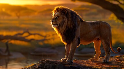 A majestic lion standing on a rock, overlooking the savannah at sunset, with golden light...