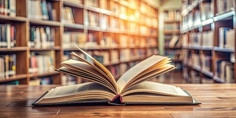 Fototapeta premium Closeup of open book on wooden table in library, book, library, education, reading, studying, literature, closeup, detail