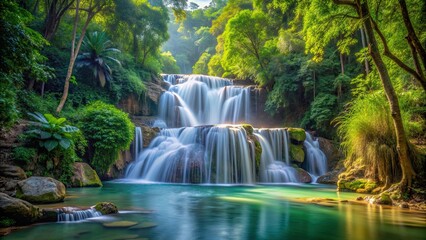 Obraz premium Serene waterfall surrounded by lush jungle vegetation in Northern Thailand, waterfall, jungle, Northern Thailand, serene